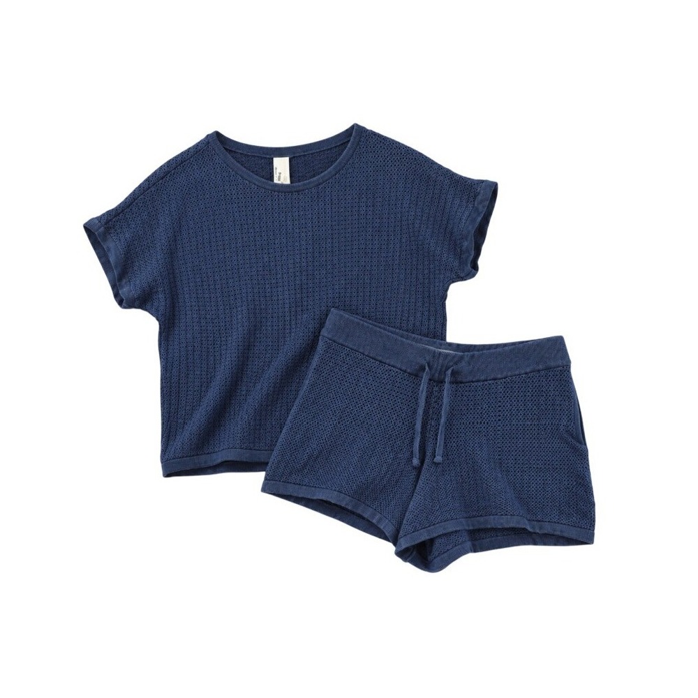 PACT Womens S/M Navy Beachside Crochet Knit Short Sleeve Top and Shorts Set